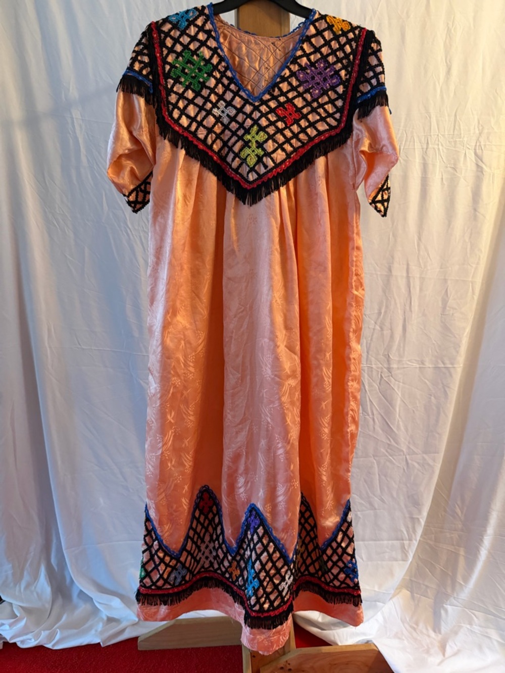 VTG Peach Embroidered Mexican-Style House Dress with Colorful Yoke